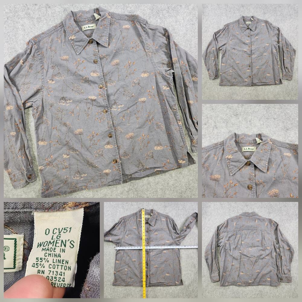 VTG LL Bean Shirt Womens Large Linen‎ Botanical Floral Button Down Long Sleeve